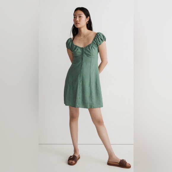 Madewell Dresses & Skirts - Madewell Margie Mini Dress Trellis Green Size 2 Linen Blend Sweetheart Neckline